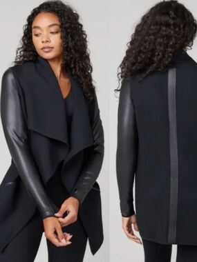 NWT Spanx Drape Front Jacket with Faux Leather Jacket Black Size 1X